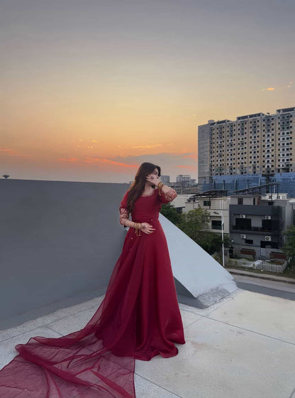 Red Rose - Zardozi Embroidered Silk Anarkali in Maroon by SEHZA