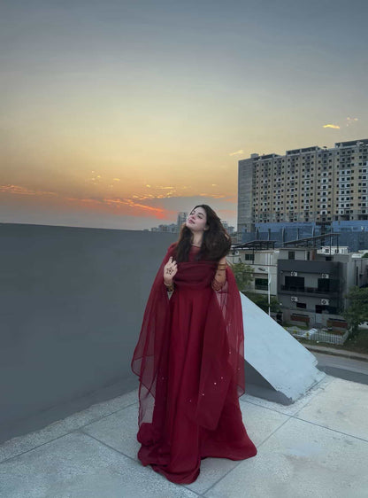 Red Rose - Zardozi Embroidered Silk Anarkali in Maroon by SEHZA