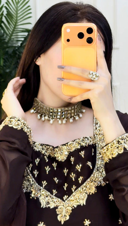 Sehza Elegant Noir Black Georgette Frock with Gold Embellishments