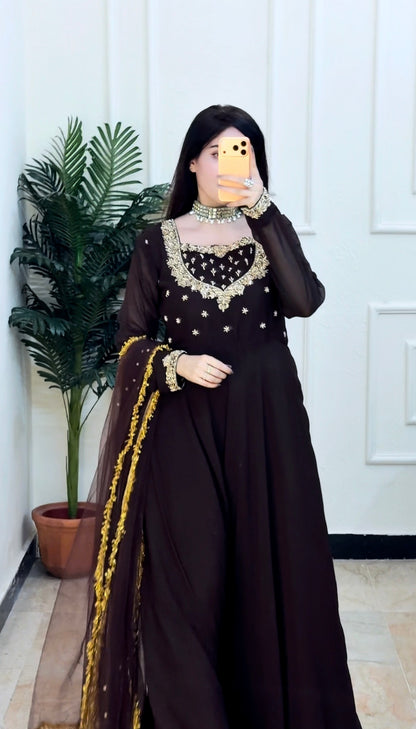 Sehza Elegant Noir Black Georgette Frock with Gold Embellishments