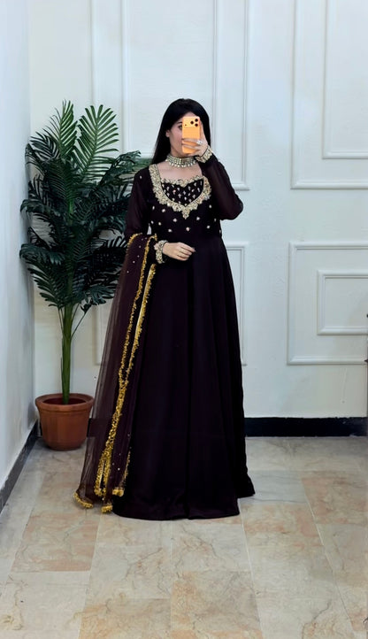 Sehza Elegant Noir Black Georgette Frock with Gold Embellishments