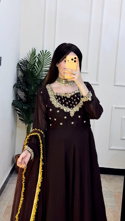 Sehza Elegant Noir Black Georgette Frock with Gold Embellishments