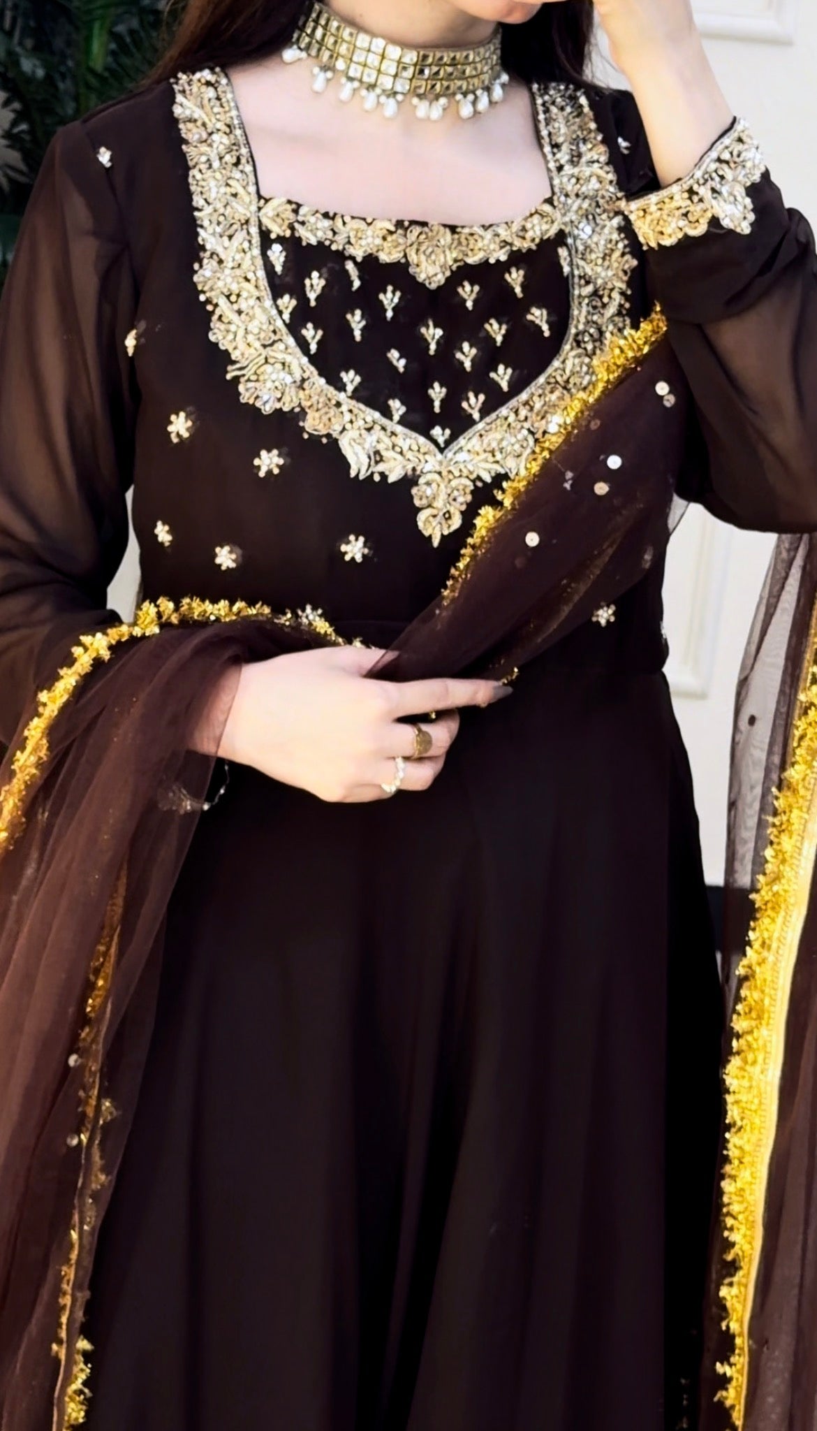 Sehza Elegant Noir Black Georgette Frock with Gold Embellishments