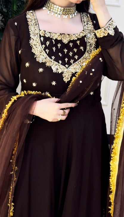 Sehza Elegant Noir Black Georgette Frock with Gold Embellishments