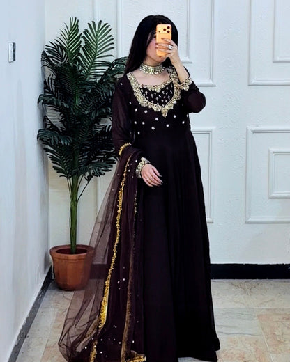 Sehza Elegant Noir Black Georgette Frock with Gold Embellishments