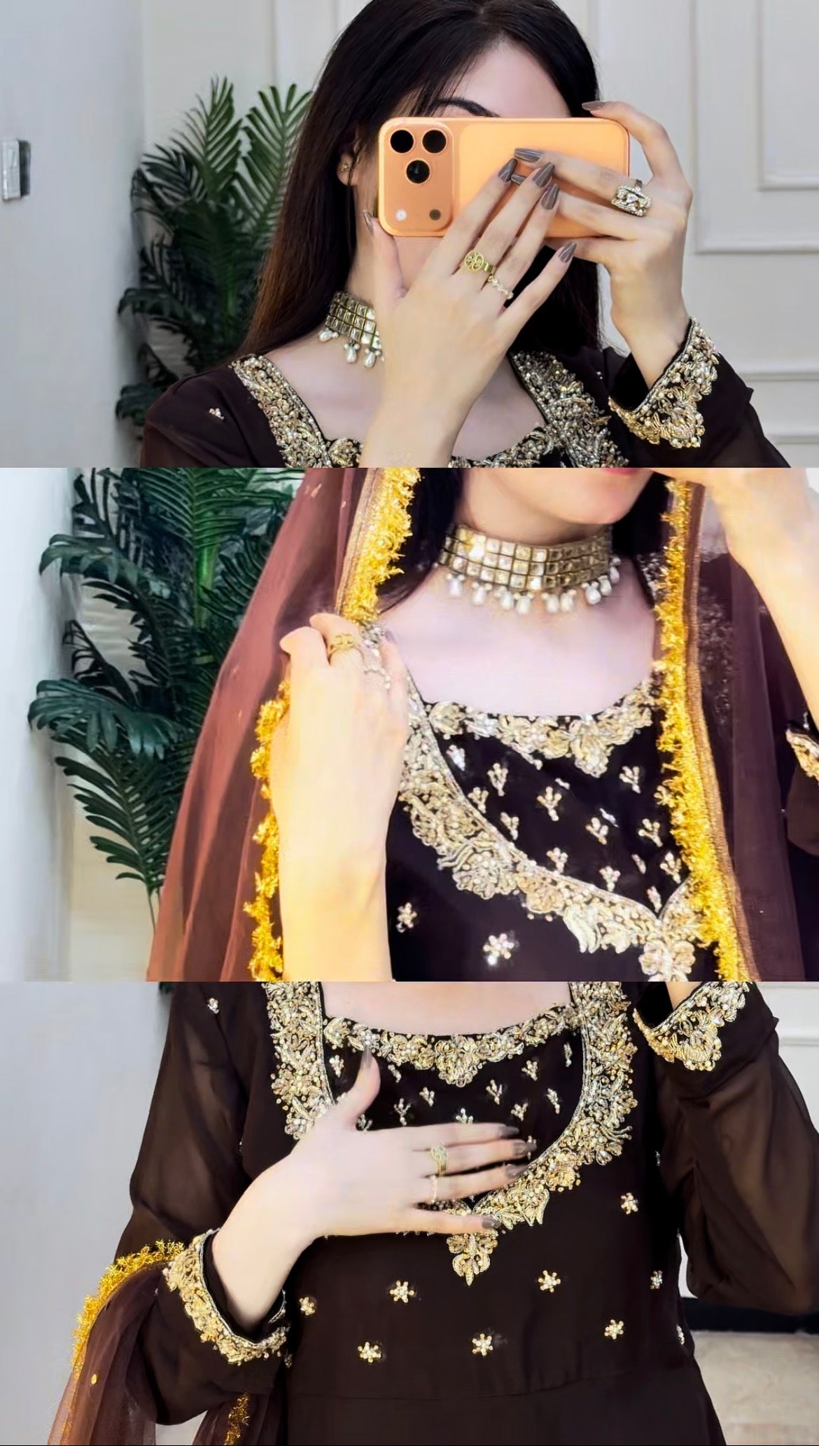 Sehza Elegant Noir Black Georgette Frock with Gold Embellishments