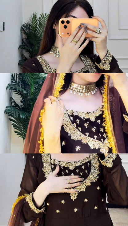 Sehza Elegant Noir Black Georgette Frock with Gold Embellishments