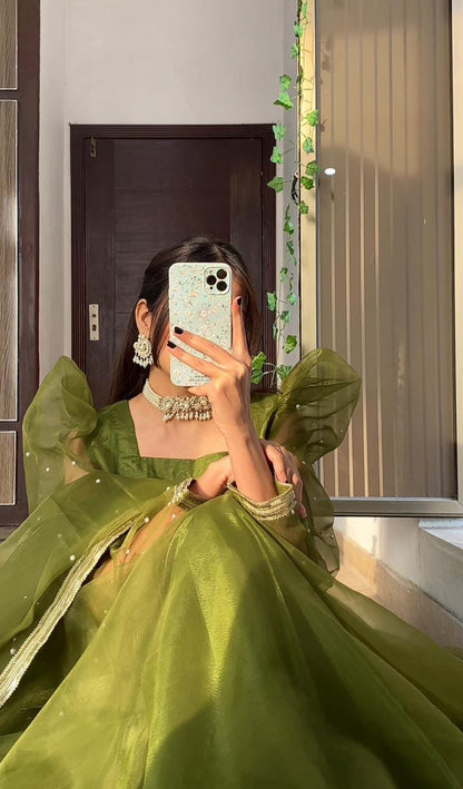 Emerald Dream - Pearl-Accented Organza Anarkali in Green by SEHZA