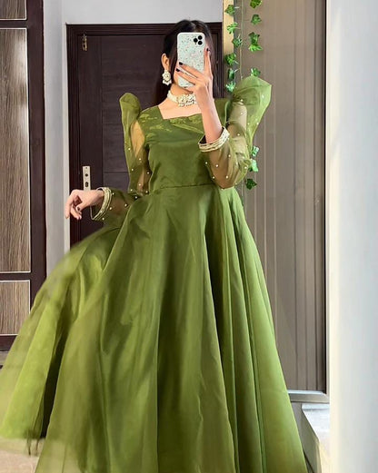 Emerald Dream - Pearl-Accented Organza Anarkali in Green by SEHZA