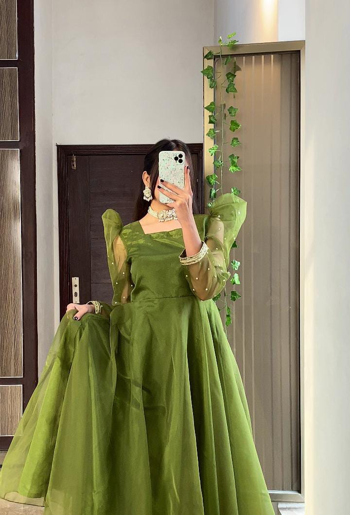 Emerald Dream - Pearl-Accented Organza Anarkali in Green by SEHZA