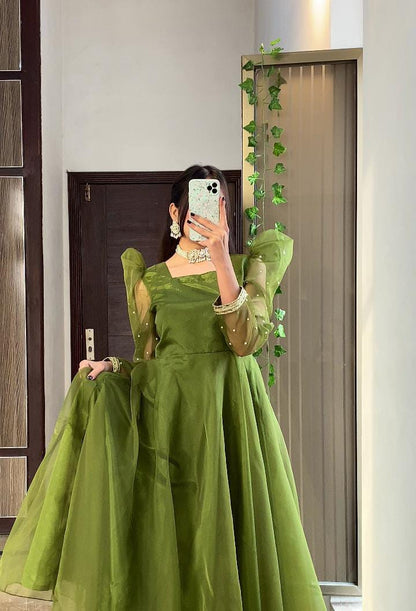 Emerald Dream - Pearl-Accented Organza Anarkali in Green by SEHZA