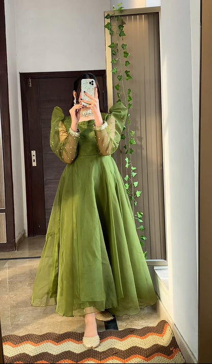 Emerald Dream - Pearl-Accented Organza Anarkali in Green by SEHZA
