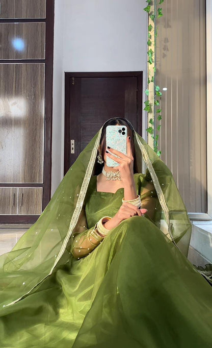 Emerald Dream - Pearl-Accented Organza Anarkali in Green by SEHZA