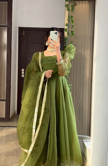 Emerald Dream - Pearl-Accented Organza Anarkali in Green by SEHZA