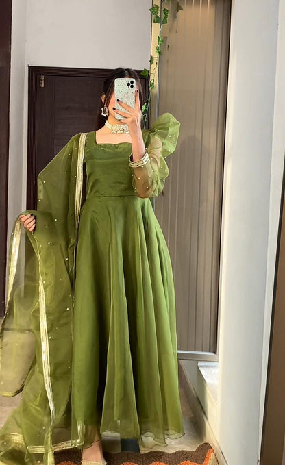 Emerald Dream - Pearl-Accented Organza Anarkali in Green by SEHZA
