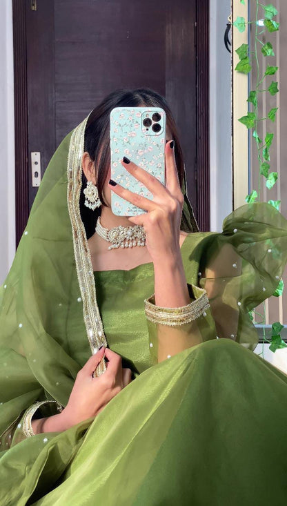 Emerald Dream - Pearl-Accented Organza Anarkali in Green by SEHZA