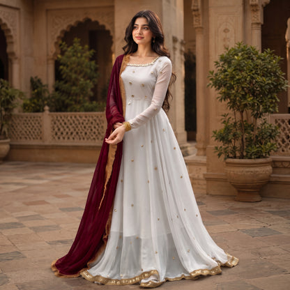 Golden Hour - Georgette Chiffon Anarkali in White & Maroon by SEHZA