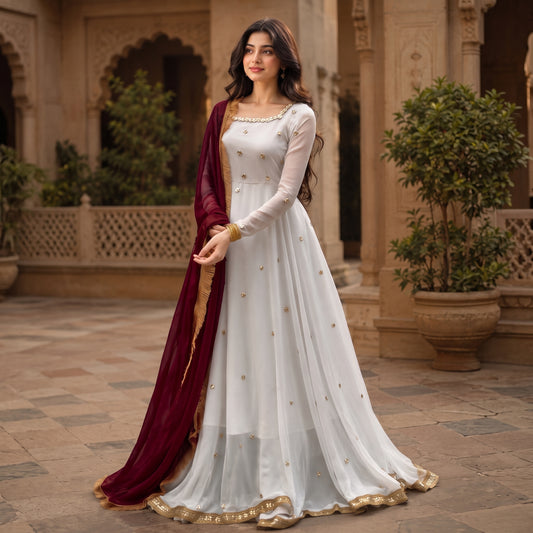 Golden Hour - Georgette Chiffon Anarkali in White & Maroon by SEHZA