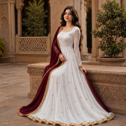 Golden Hour - Georgette Chiffon Anarkali in White & Maroon by SEHZA