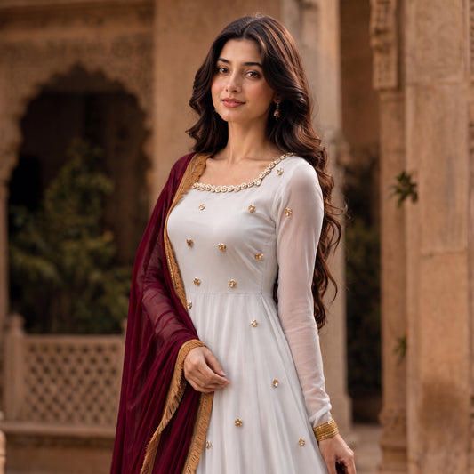 Golden Hour - Georgette Chiffon Anarkali in White & Maroon by SEHZA