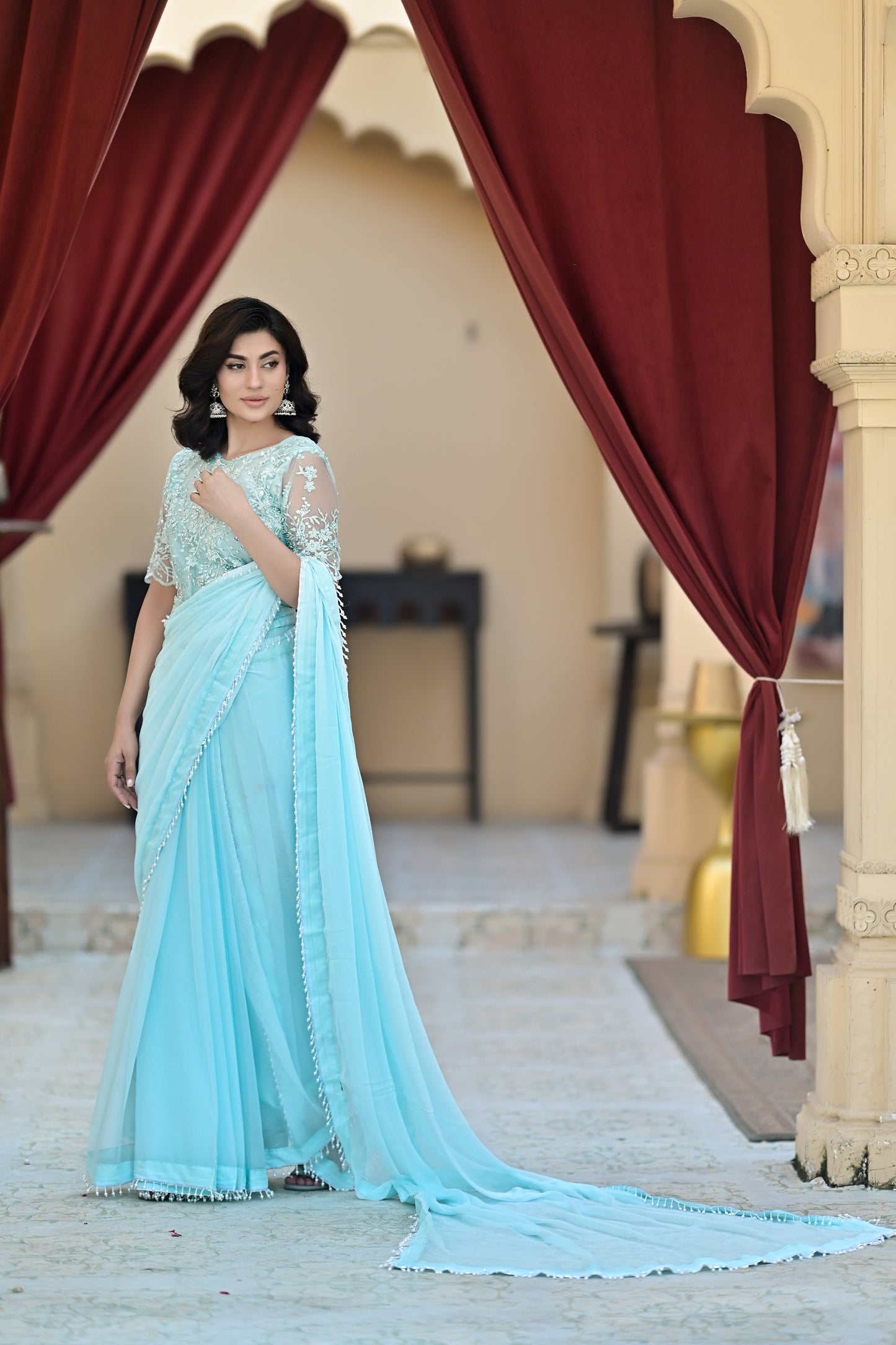 Aqua Pearl Elegance Saree