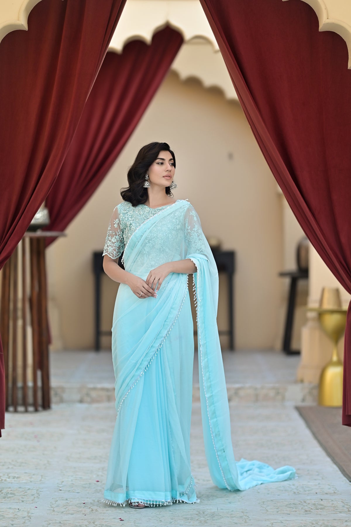 Aqua Pearl Elegance Saree