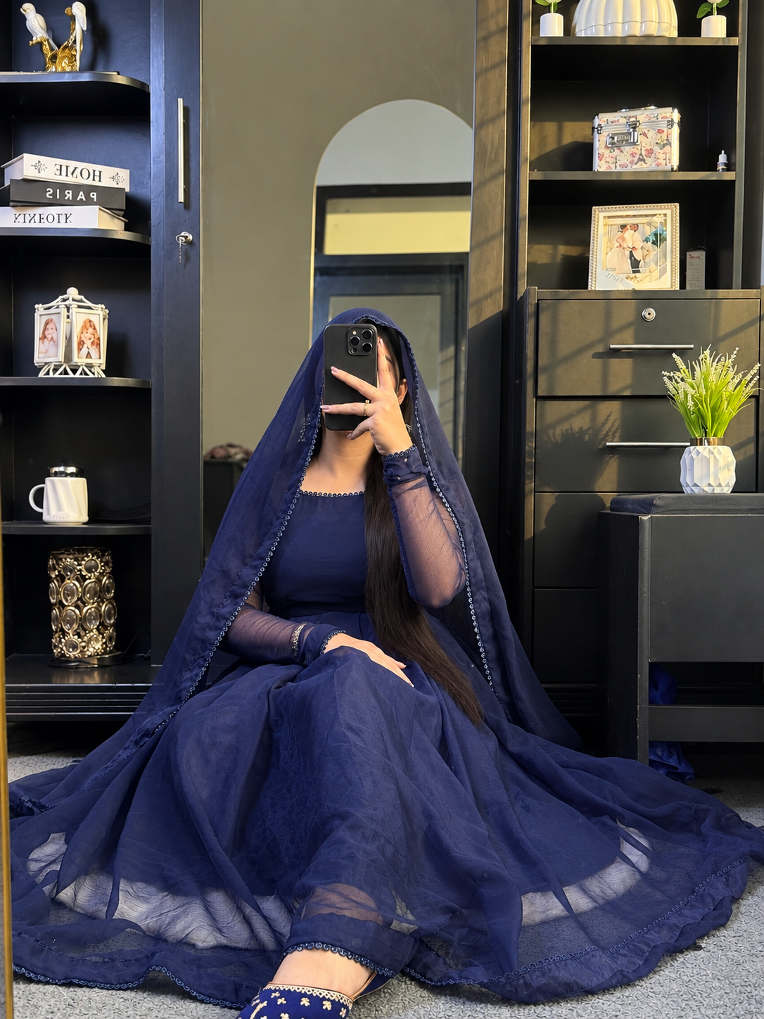 Noir Élan — Navy Blue Chiffon Maxi