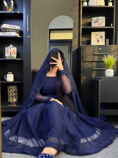 Noir Élan — Navy Blue Chiffon Maxi