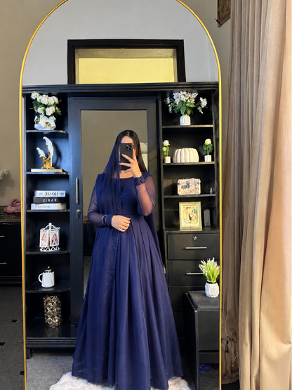 Noir Élan — Navy Blue Chiffon Maxi