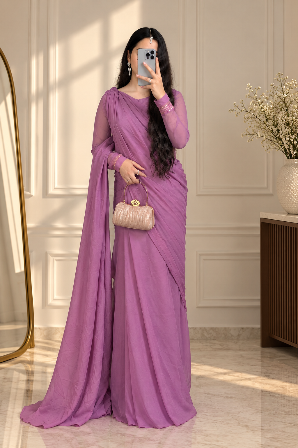 Dusty Mauve Chiffon Stitched Saree