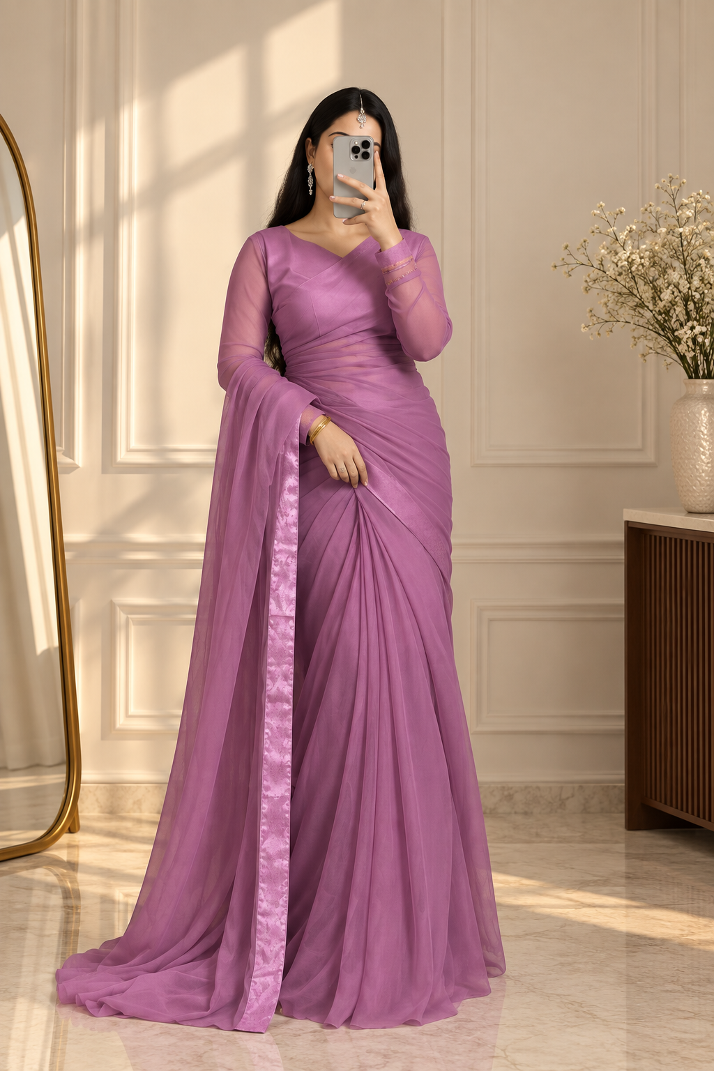 Dusty Mauve Chiffon Stitched Saree