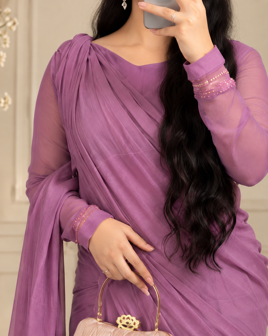 Dusty Mauve Chiffon Stitched Saree