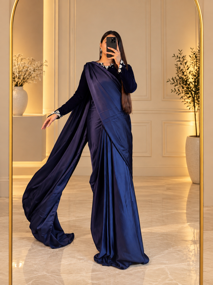 Inaya - Ready-to-Wear Silk Saree with Velvet Blouse in Emerald Blue by SEHZA