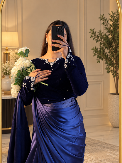 Inaya - Ready-to-Wear Silk Saree with Velvet Blouse in Emerald Blue by SEHZA