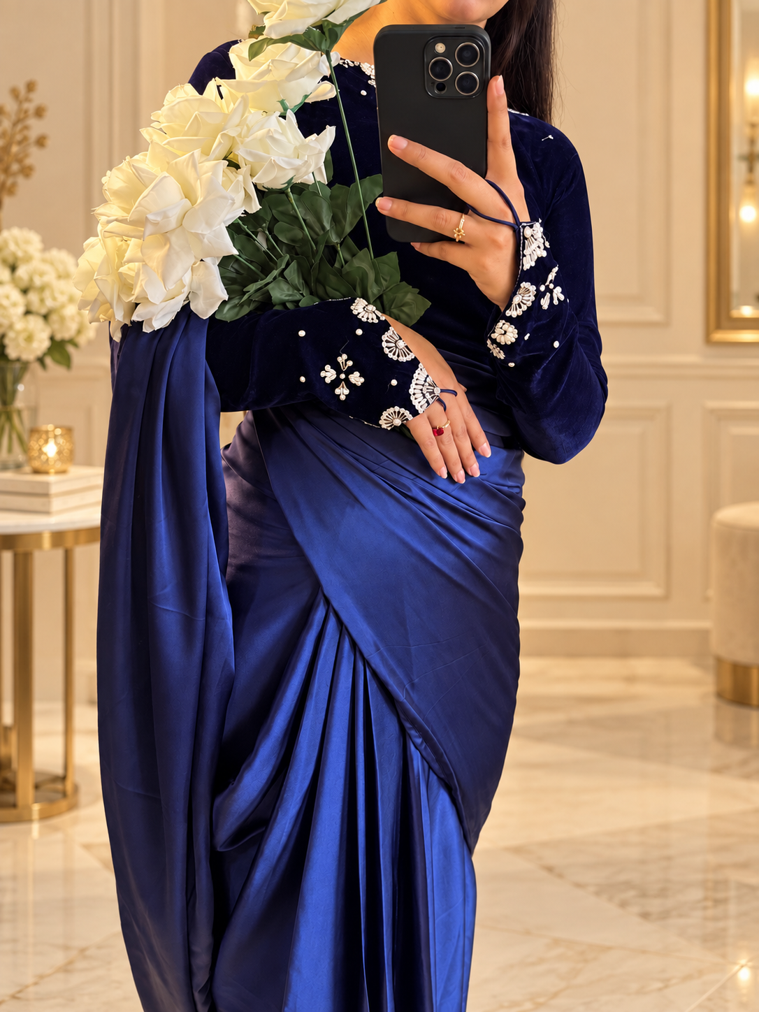 Inaya - Ready-to-Wear Silk Saree with Velvet Blouse in Emerald Blue by SEHZA