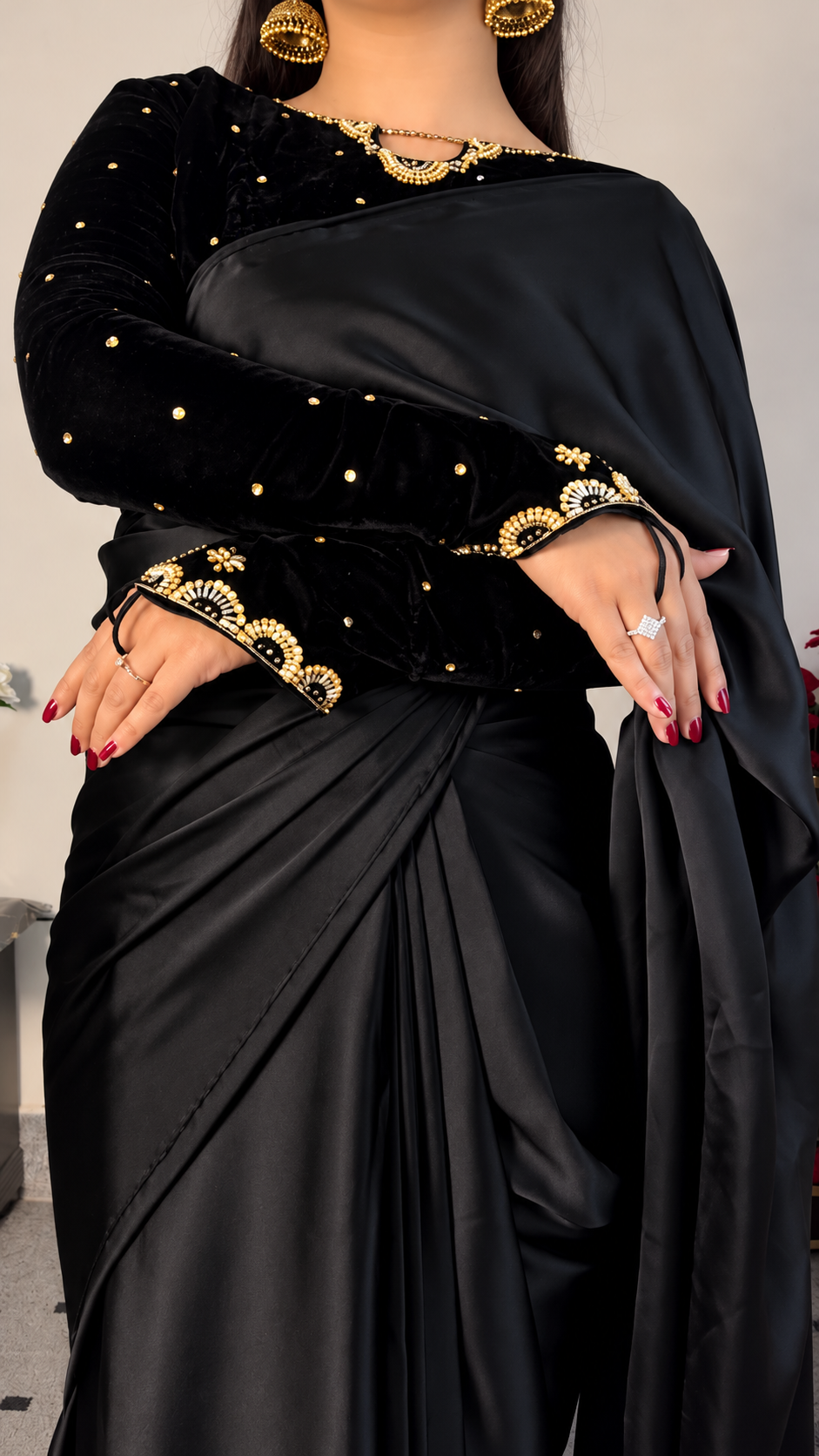 Inaya - Ready-to-Wear Silk Saree with Velvet Blouse in Emerald Black by SEHZA