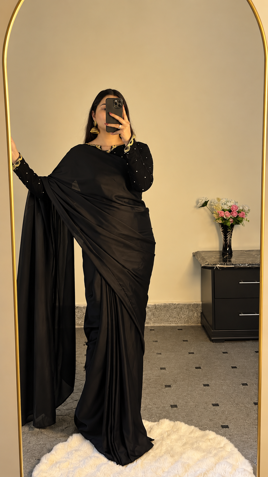 Inaya - Ready-to-Wear Silk Saree with Velvet Blouse in Emerald Black by SEHZA