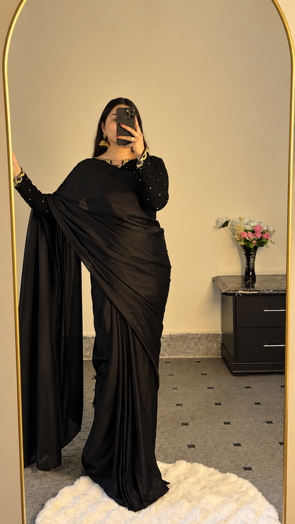 Inaya - Ready-to-Wear Silk Saree with Velvet Blouse in Emerald Black by SEHZA