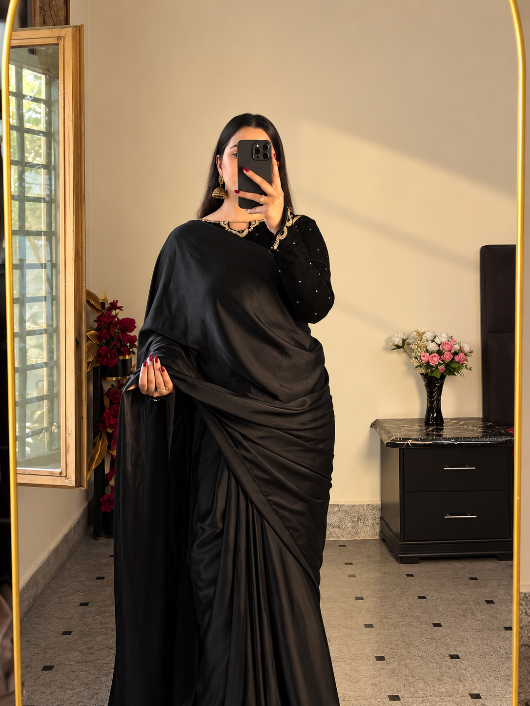 Inaya - Ready-to-Wear Silk Saree with Velvet Blouse in Emerald Black by SEHZA