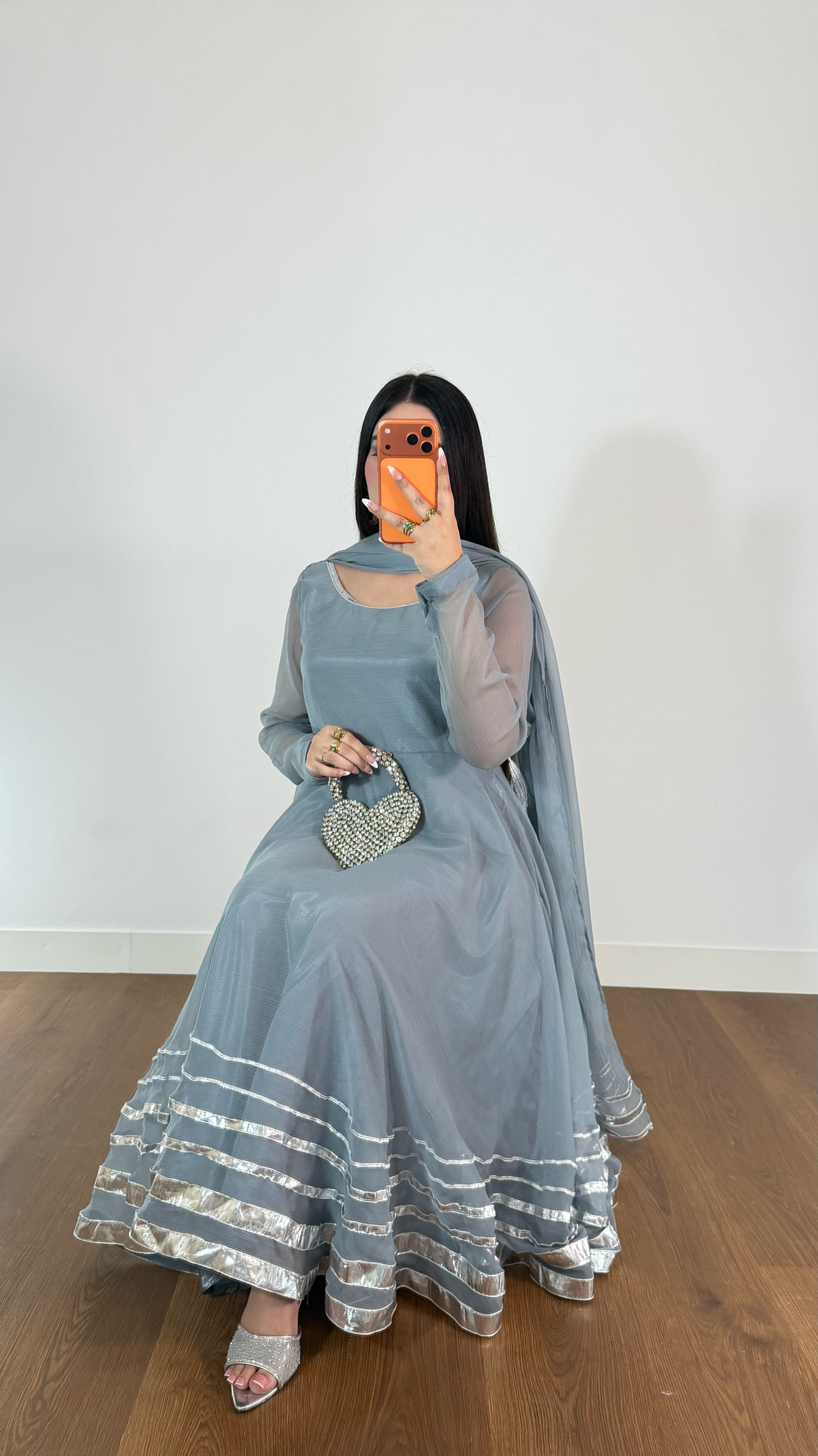 Misty Blue Sheer Anarkali Suit with Silver Border Detailing