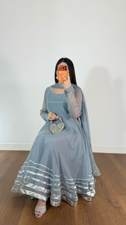 Misty Blue Sheer Anarkali Suit with Silver Border Detailing