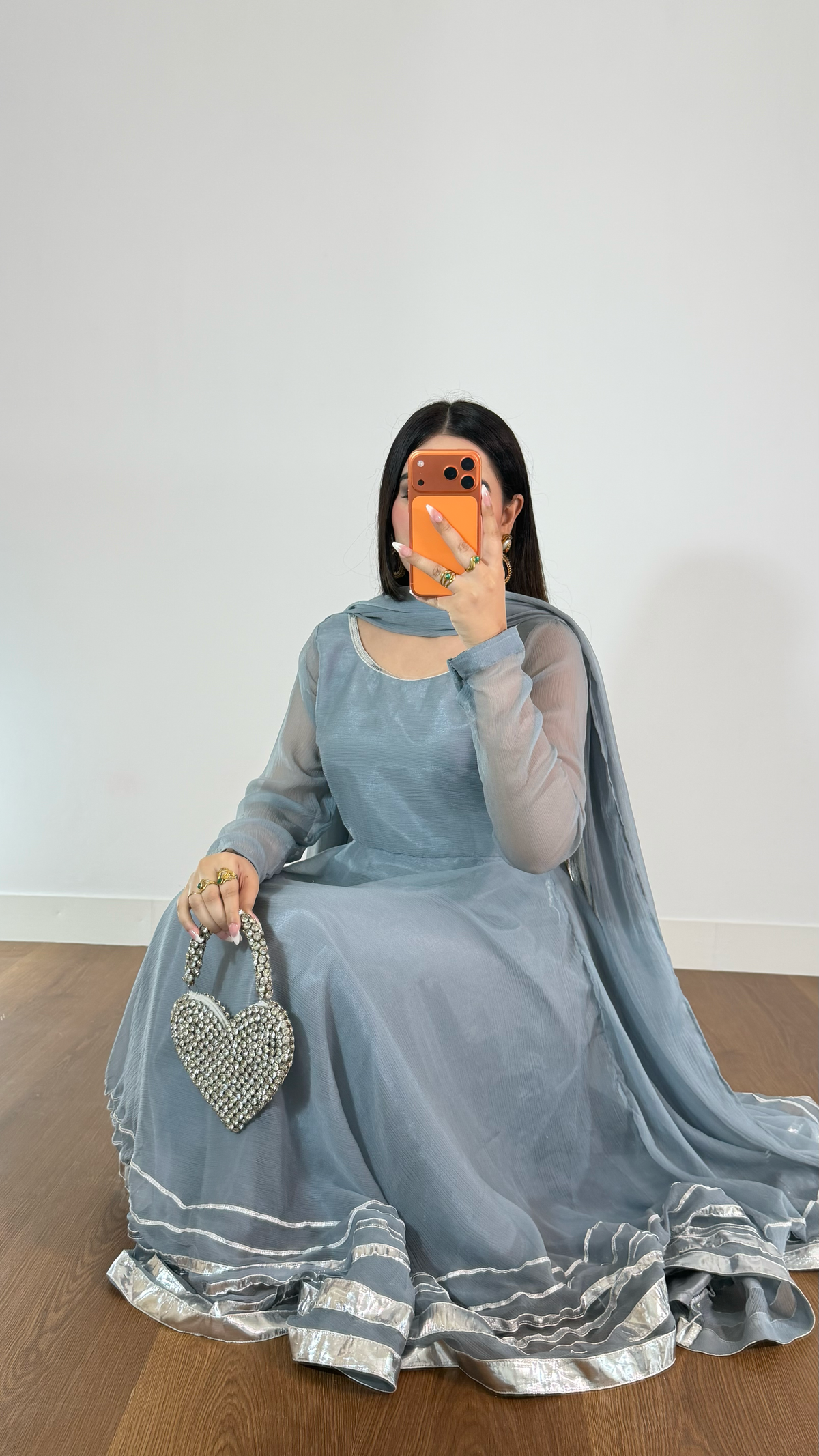Misty Blue Sheer Anarkali Suit with Silver Border Detailing