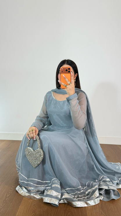 Misty Blue Sheer Anarkali Suit with Silver Border Detailing