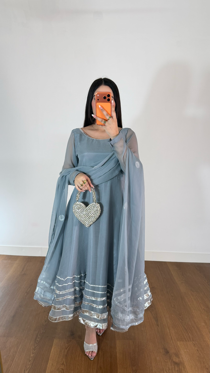 Misty Blue Sheer Anarkali Suit with Silver Border Detailing