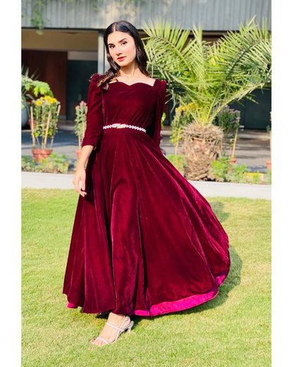 Rouge Velvet - Flared Maroon Velvet Maxi Dress by SEHZA