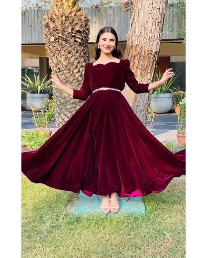 Rouge Velvet - Flared Maroon Velvet Maxi Dress by SEHZA
