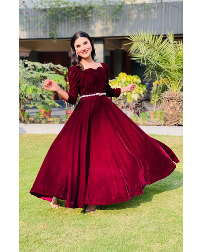 Rouge Velvet - Flared Maroon Velvet Maxi Dress by SEHZA