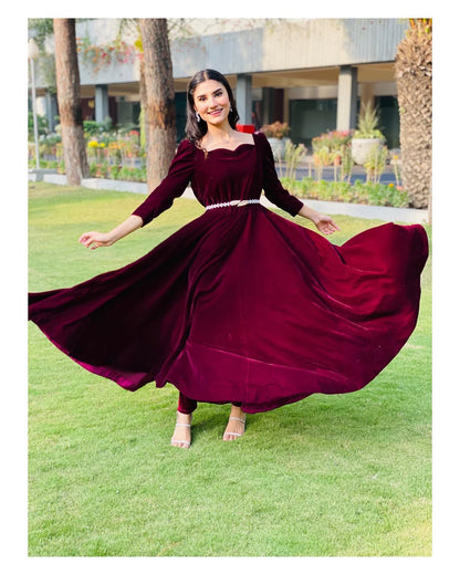 Rouge Velvet - Flared Maroon Velvet Maxi Dress by SEHZA