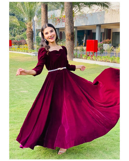 Rouge Velvet - Flared Maroon Velvet Maxi Dress by SEHZA