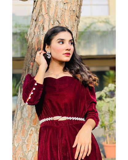 Rouge Velvet - Flared Maroon Velvet Maxi Dress by SEHZA